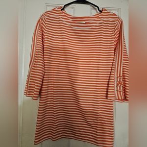 BLAIR WOMEN'S 3/4 Reglan Stripe Fleece Shirt, Size L, orange and aqua blue Strip